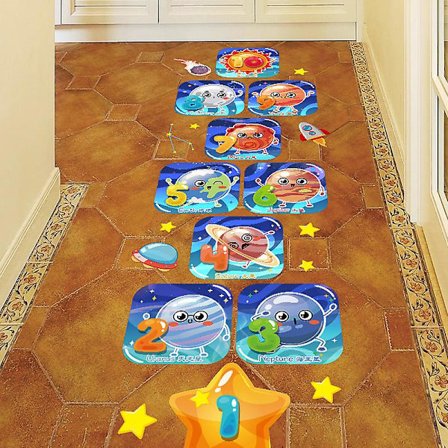 Tegneserie Tallspill Gittergulv Klistremerke Planet Astronaut Hopscotch Hjem Veggdekorasjon Avtakbar Kreativ Hopping Gitter Kunst Gulv