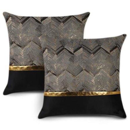 Sæt med 2 pudebetræk til sofa, bil, soveværelse, luksuriøst, moderne, minimalistisk, gyldent lædersyning, bølgestriber, 50 x 50 cm (sort)
