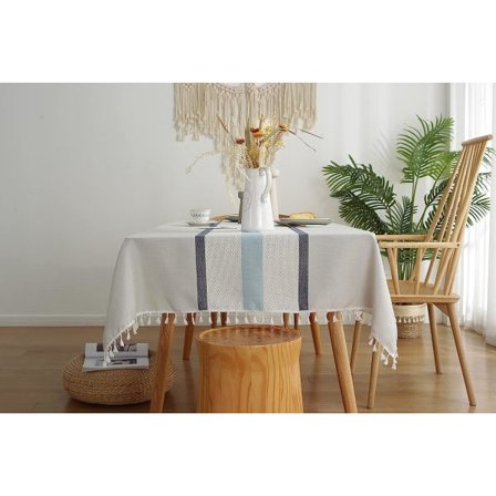 IC Tykk bomullslin duk støvtett dekke for spisebord (tre striper blå, firkantet, 55 x 55 tommer, 4 seter)