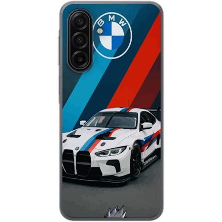 Kompatibelt Mobilskal till Samsung Samsung Galaxy A17 5G BMW M Sport design med vit racingbil och klassiska M ränder exklusivt bilmotiv perfekt för