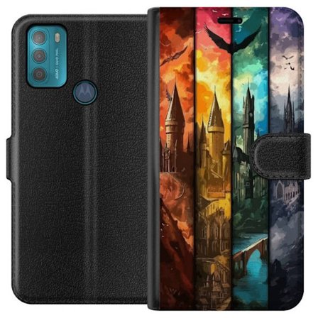 Kompatibel Tegnebogsetui til Motorola Motorola Moto G50 Fire magiske slotte i forskellige elementfarver, episk fantasykunst med ild vand luft og mørk