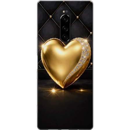 Yhteensopiva Puhelinkuori Sony Xperia 1 Kultainen sydän timanttireunalla