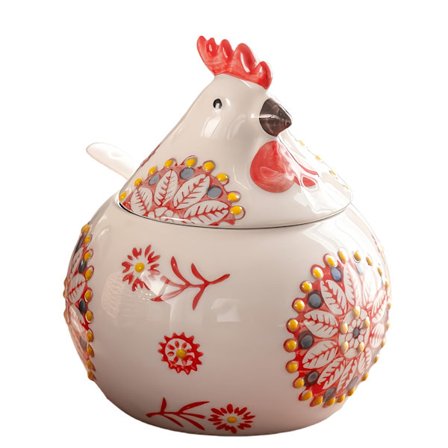 Keramisk saltkar med lokk og skje, 384 ml stort saltkar formet som en kylling, kakeboks formet som en kylling med skje, juledekorasjon til kjøkkenet.