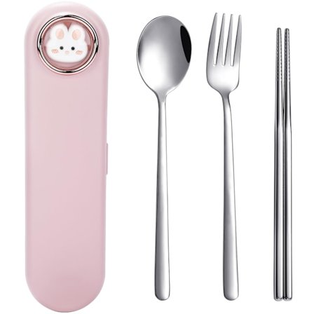 Söpö matka-aterinsetti kotelolla - Uudelleenkäytettävät 18/8 ruostumattomasta teräksestä valmistetut lounasaterimet (haarukka, lusikka, syömäpuikot), 