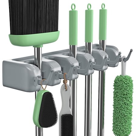 Veggmontert kosteskaftholder, veggmontert kosteskaftholder med 5 hurtige klips og 6 kroker, veggmontert kosteskaftholder perfekt for hageverktøy, 