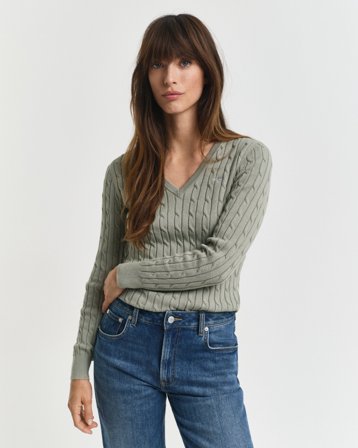 GANT Damen Zopfstrick V-Neck Pullover aus Stretch-Baumwolle (L) Grün