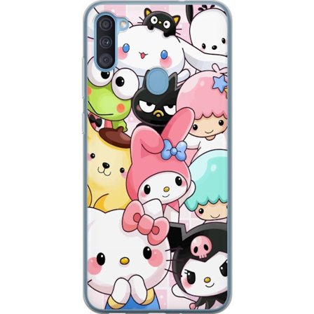 Kompatibelt Mobildeksel til Samsung Galaxy A11 Tett mønster av søte figurer med store øyne i ulike farger og uttrykk med LABUBU-tekst