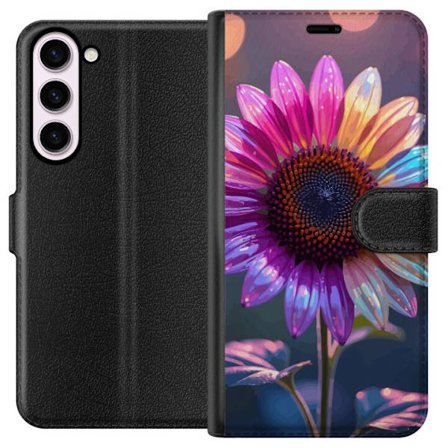 Kompatibelt Lommeboketui til Samsung Galaxy S23+ Irideserende blomst med glitrende kronblad i rosa lilla og gull mot myk bokeh bakgrunn