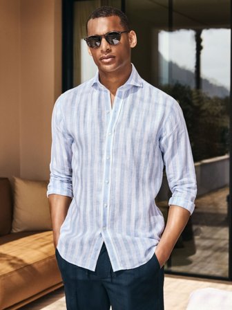 John Henric Men's Light Blue Block Striped Slim Fit Linen Shirt Size 42