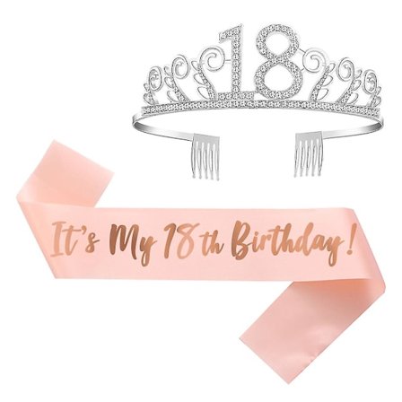 Onnellinen 18. syntymäpäivän kruunu, syntymäpäivätytön vyö ja tiara 18-vuotias tiara hopeisella kristallikoristeella kampa onnelliseen 