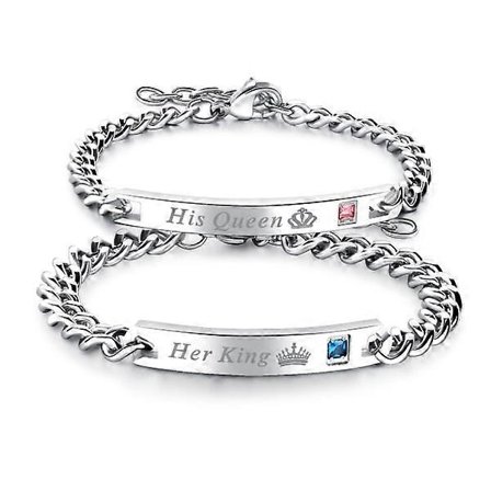 Rakastavaisten rannekorut pari koruja "His Queen " / "Her King " titaaniteräs hopea