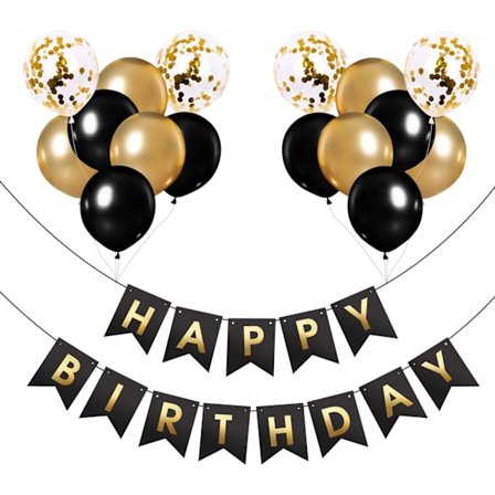 Grattis på födelsedagen Banner, Svart och Guld Födelsedag Dekoration - Födelsedag Banner med 12" Ballonger, Band och Klibbiga Vägghkrokar