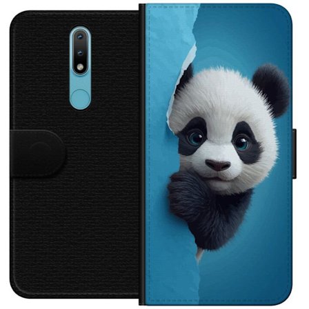 Yhteensopiva Lompakkokotelo Nokia Nokia 2.4 Söpö panda, joka kurkistaa paperin läpi pehmeässä 3D-kuvituksessa