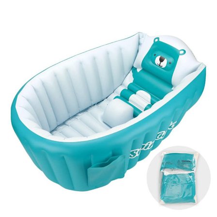 Uppblåsbar badbalja för småbarn, halkfri säkerhetstjock kudde central sits, bärbar resebadstol baby simbassäng för 0-5 år, blå