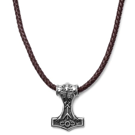 Collier en cuir marron et pendentif Viking double face pour hommes - Colliers marteau de Thor