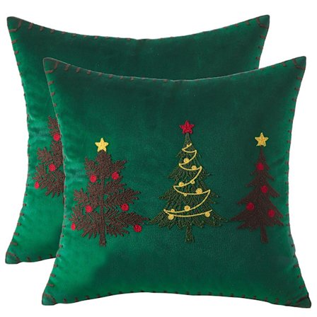Sæt med 2 julepudebetræk 45x45 cm i blød, behagelig fløjl med stjerne på toppen af træet, juledekoration til fest, hjem, stue, sofa, soveværelse