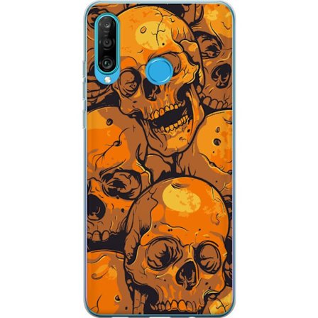Kompatibelt Mobildeksel til Huawei Huawei P30 lite Oransje dødningehode mønster i rå illustrasjonsstil med gjentatte hodeskaller kraftig kontrast o
