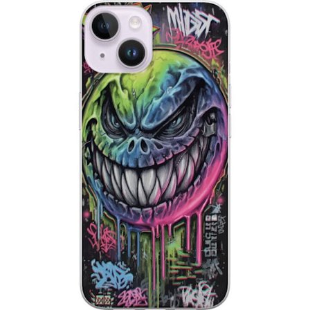 Yhteensopiva Puhelinkuori Apple iPhone 15 Plus Värikäs graffitipiirros pahansuipasti hymyilevästä hirviökasvoista, jossa valuvat neonvärit
