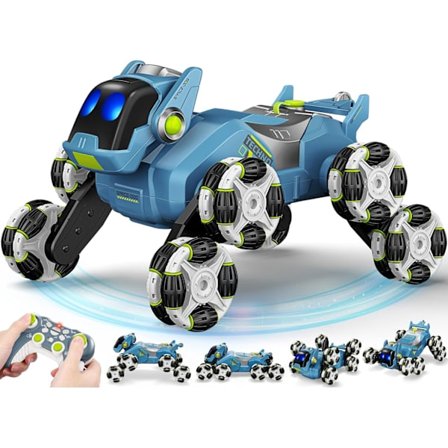 8WD RC Stuntbil Leksaker för Barn, 2.4GHz 360° Roterande Föränderlig Robot Hund Fjärrkontroll Bil Leksaker med Spray och Lampor, 