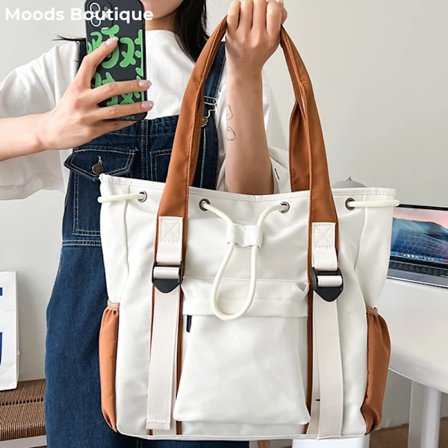 Splash-proof Nylon Fabric Shoulder Crossbody Bags For Women Multi-pocket Drawstring Tote Bag Large Capacity Student Book Handbag