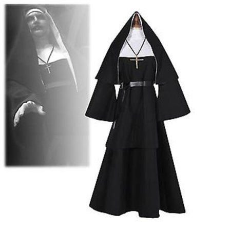 The Nun Cosplay Sort Lang Kjole Tørklæde Kostume Til Kvinder The Conjuring Cosplay Voksen Halloween Horror Spøgelse Fancy Kjole (M)