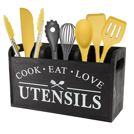 Köksredskapshållare Rustik Redskapshållare Stor 3 Fack med Dräneringsbotten Träredskapshållare Besticklåda, Svart