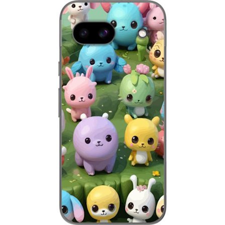 Kompatibelt Mobildeksel til Google Google Pixel 8a Kawaii dyre pastelmotiv - søte figurer på en grønn eng, fargerik og leken design for barn og ung