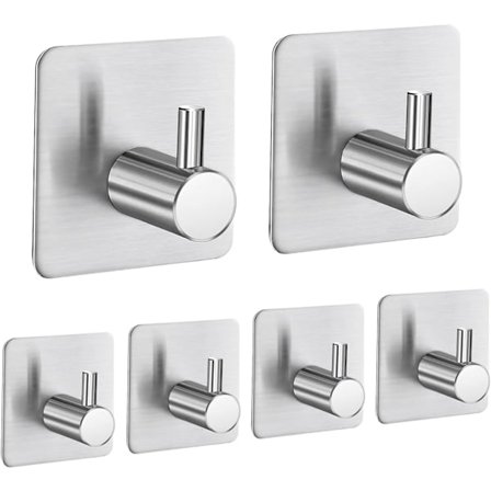 Håndklædeholder, uden boring, sæt med 6 sølvkroge, selvklæbende, badeværelse- og køkkenhåndklæde kroge, sølv