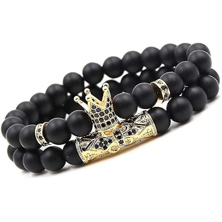 Svarte Matte Perler Armbånd 8mm Onyx Stein Armbåndsett Sjarmerende Kongekrone
