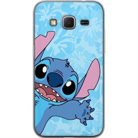 Kompatibelt Mobildeksel til Samsung Galaxy Core Prime Leken illustrasjon av Stitch som strekker seg mot kameraet på lyseblå blomstret bakgrunn
