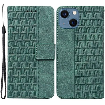 Til iPhone 15 Plus Geometri Præget PU Læder Wallet Stand Telefon Shell Mobil Case