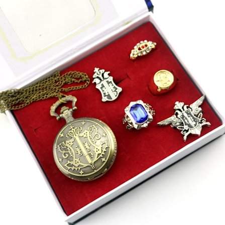 6 st/parti Kuroshitsuji Black Butler Shire Steward Eagle Logo Fickur Halsband Badge Ring Set