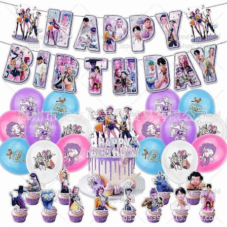 KPop Demon Hunters Barnkalas Set – Tallrikar, Muggar, Ballonger, Tårtdekorationer, Dukar, Bordsdekorationer Set C