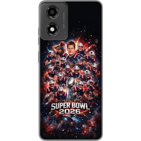 Yhteensopiva Puhelinkuori Motorola Moto E14 Super Bowl 2026 juliste, jossa New England Patriots ja NFL-mestaruuspalkinto räjähtävän urheilullisessa su