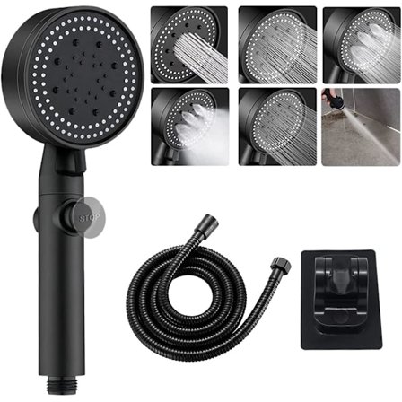 Dusjhode med høytrykksforsterker med 1,5 m slange og brakett, 2023 5-modus regndusjhode, fossefall dusjhode, vannsparende stopp, håndholdt