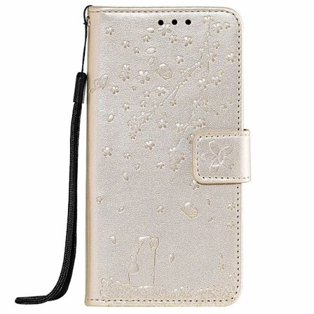 Fodral för iPhone 13 Pro guld Sakura Katt 3D Präglat Plånboksfodral med Korthållare