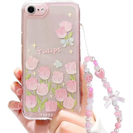 Kompatibel med iPhone 7 Skal, iPhone 8 Skal, iPhone SE 2020/SE 2022 Skal Blomma och Tulpan Design Söt Rosett Jordgubbs Pärlkedja Slim Sof[D]