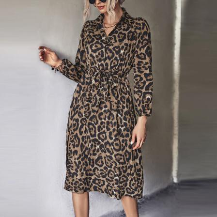 Dam Leopard Print Skjorta Klänning V-ringad Midi Klänningar