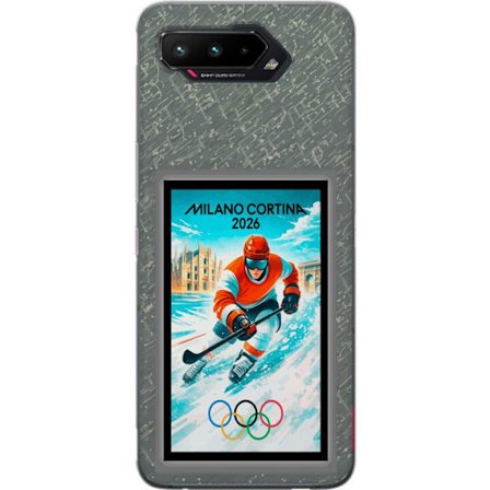 Yhteensopiva Puhelinkuori Asus ROG Phone 5 Curlingkuvitus pelaajilla ja kivillä jäällä, Milano Cortina 2026, lumisia roiskeita ja olympiasormukset