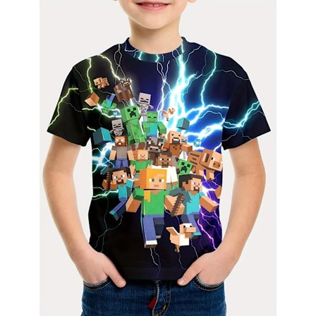 Minecraft Lasten T-paita sarjakuvaprintillä, pyöreä pääntie, lyhyet hihat, hauska kevät-kesätoppi{AZC}