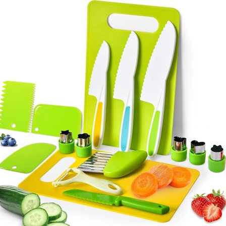 Barnesikre kjøkkenredskaper - 13-delt knivsett i plast for gutter og jenter fra 4 år - Kjøkkentilbehør (stil C)