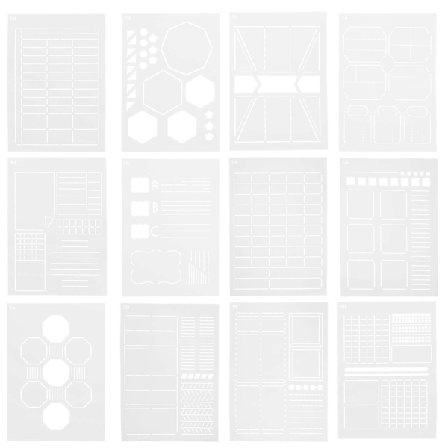 12 stk. Dekorativ maleskabelon til dagbog, hul DIY-mønsterskærestencil