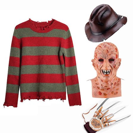 Freddy Krueger Cosplay Costume Adult Sweater Red Striped Knitting Top Coat Hat Mask Freddie Krueger Halloween Costume For Men -a
