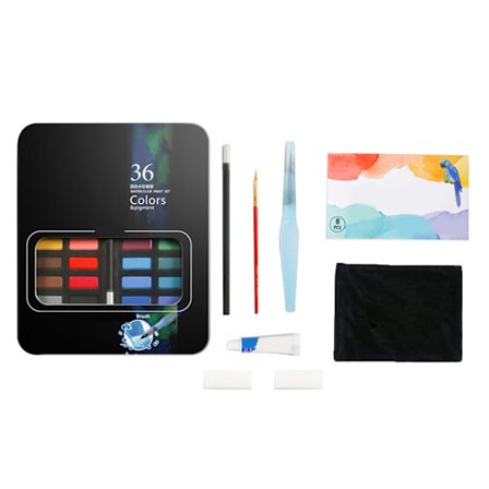 Vattenfärg 36 ljusa färger Tvättbar Lätt att färglägga Hållbar Akvarellfärg Set med penna Papper Svamp