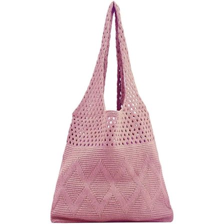 Bomullsveske, stor shoppingveske for damer, trendy vevd strandveske, håndheklet for ferieturer og daglig bruk (rosa)