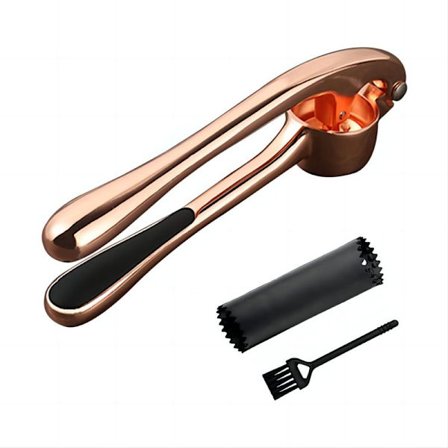 Premium hvitløkspresse, hvitløksknuser 3-delt sett med silikonrulleskrellet og rengjøringsbørste - Rose Gold