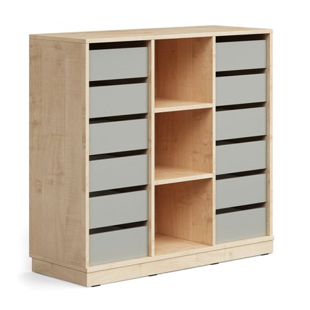 Student storage CASPER, 12 drawers, 3 compartments, base frame, birch/grey
