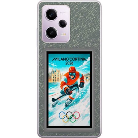 Kompatibelt Mobildeksel til Xiaomi Redmi Note 12 Pro Curlingillustrasjon med spillere og stein på is, Milano Cortina 2026, snøsprut og olympiske ringe
