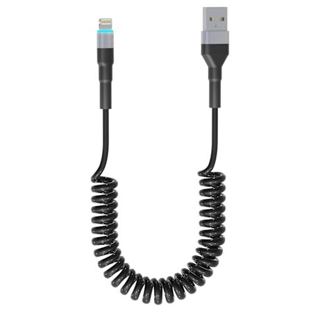 1,5 m Spiral Lightning-kabel Kompatibel Kort USB till Lightning Apple Carplay-kabel med Datasynkronisering och LED, Infällbar Laddningskabel för 