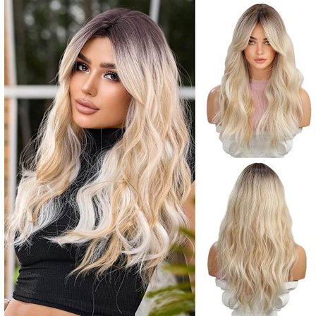 Lang Krøllet Blond Paryk til Kvinder med Mørke Rødder 66cm Syntetisk Hår Bølget med Pandehår Kompatibel med Hverdagsbrug Fester Cosplay